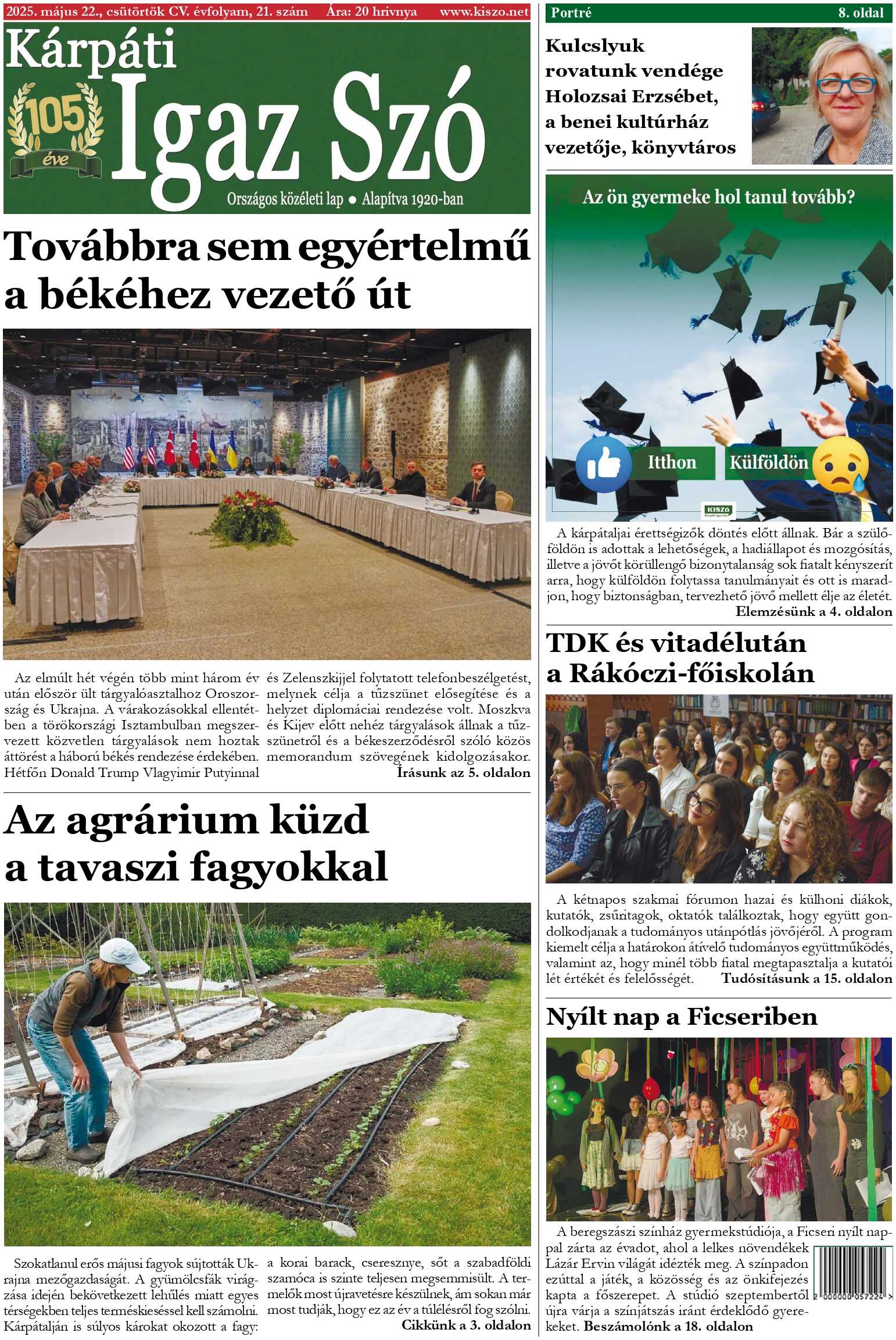 Kárpáti Igaz Szó újság címlapja 2025. május 22.