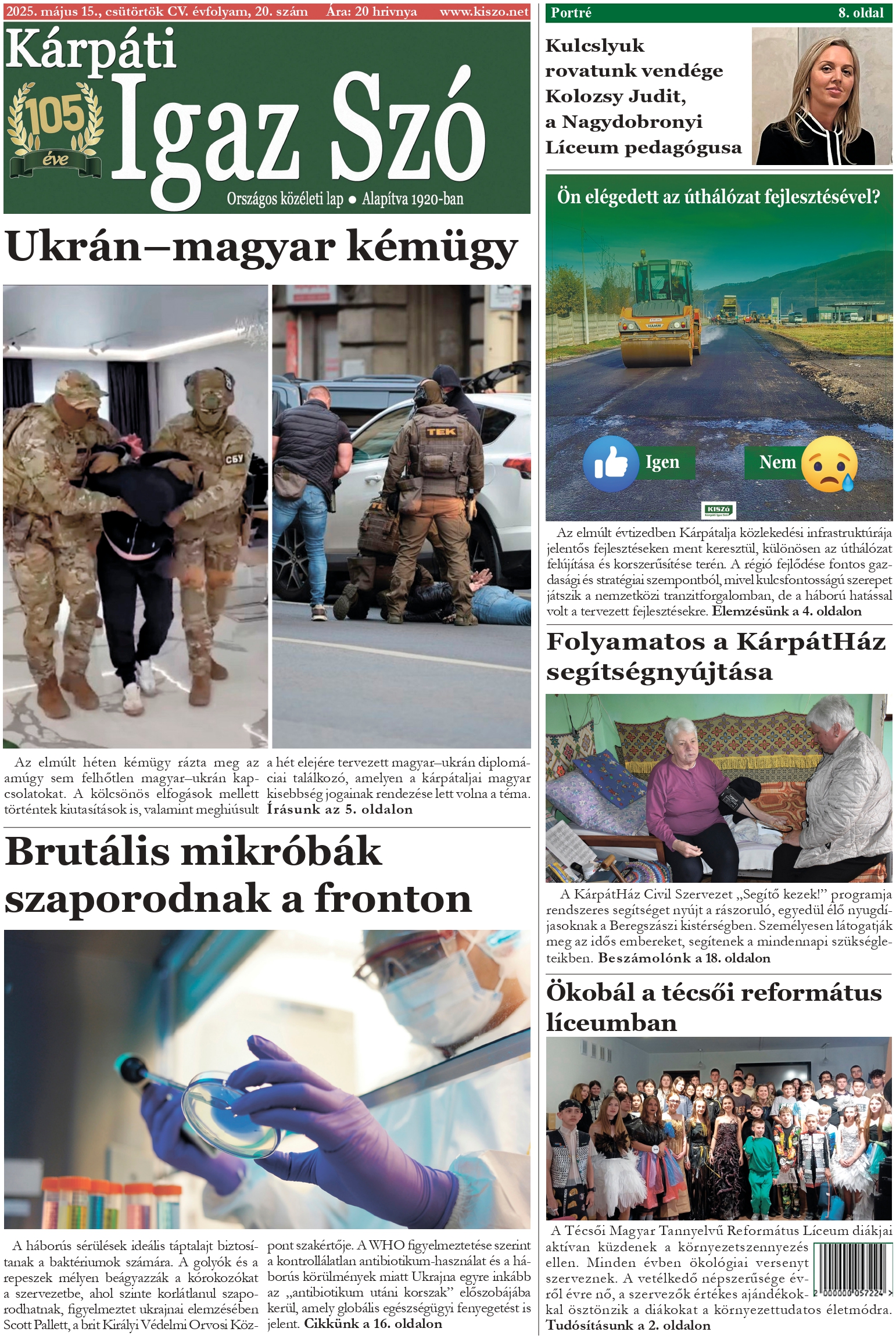 Kárpáti Igaz Szó újság címlapja 2025. május 15.