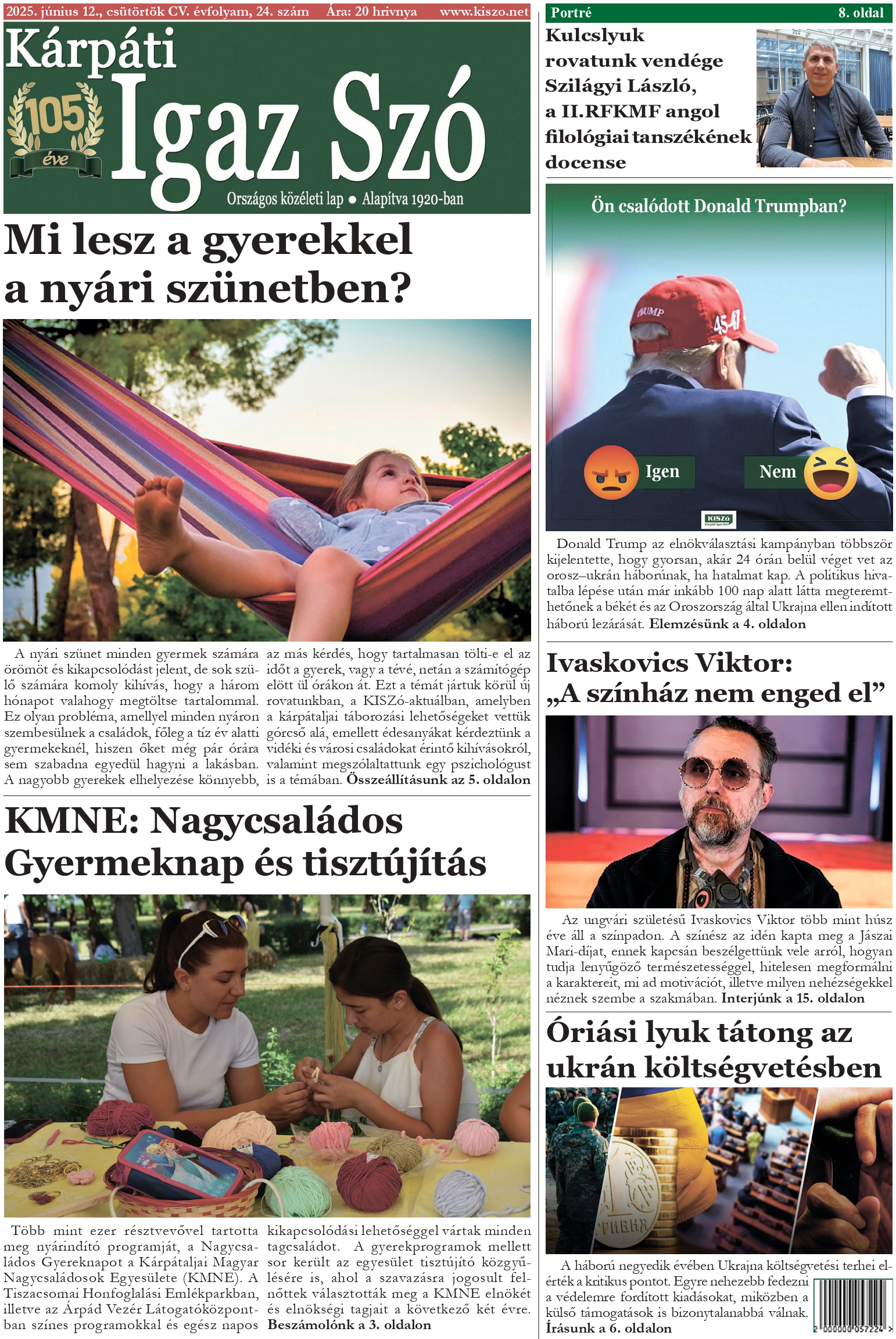 Kárpáti Igaz Szó újság címlapja 2025. június 12.