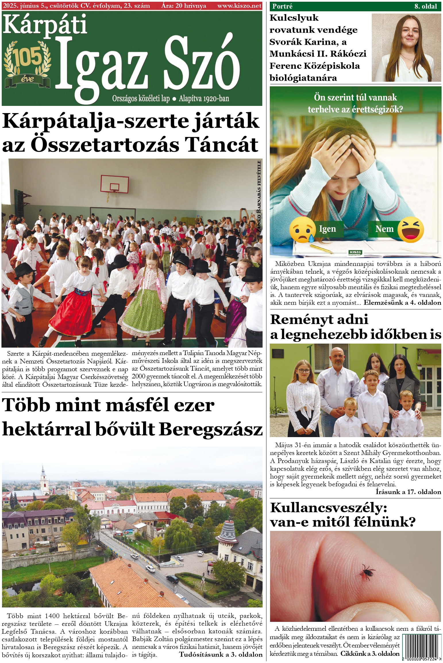 Kárpáti Igaz Szó újság címlapja 2025. június 5.
