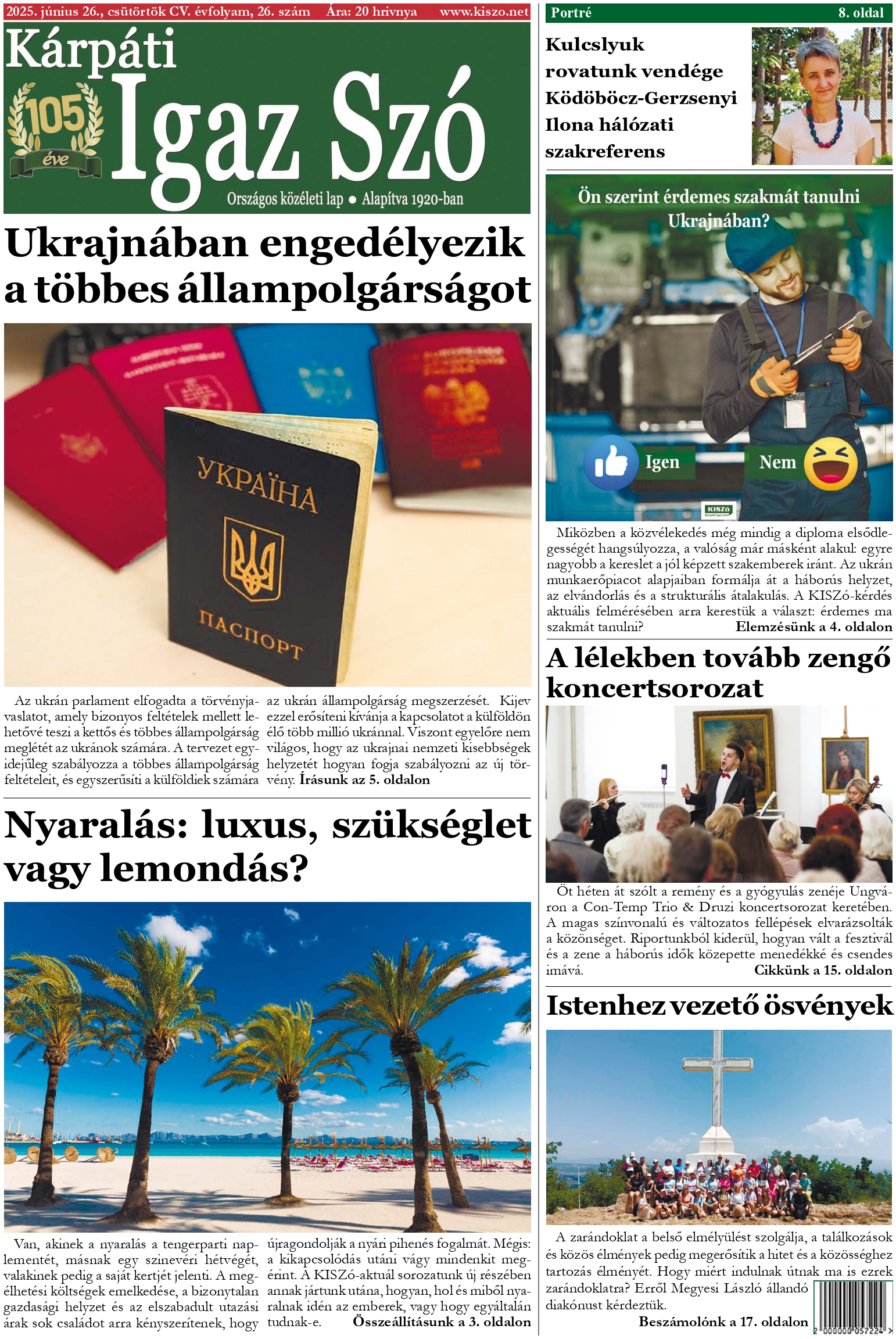 Kárpáti Igaz Szó újság címlapja 2025. június 26.
