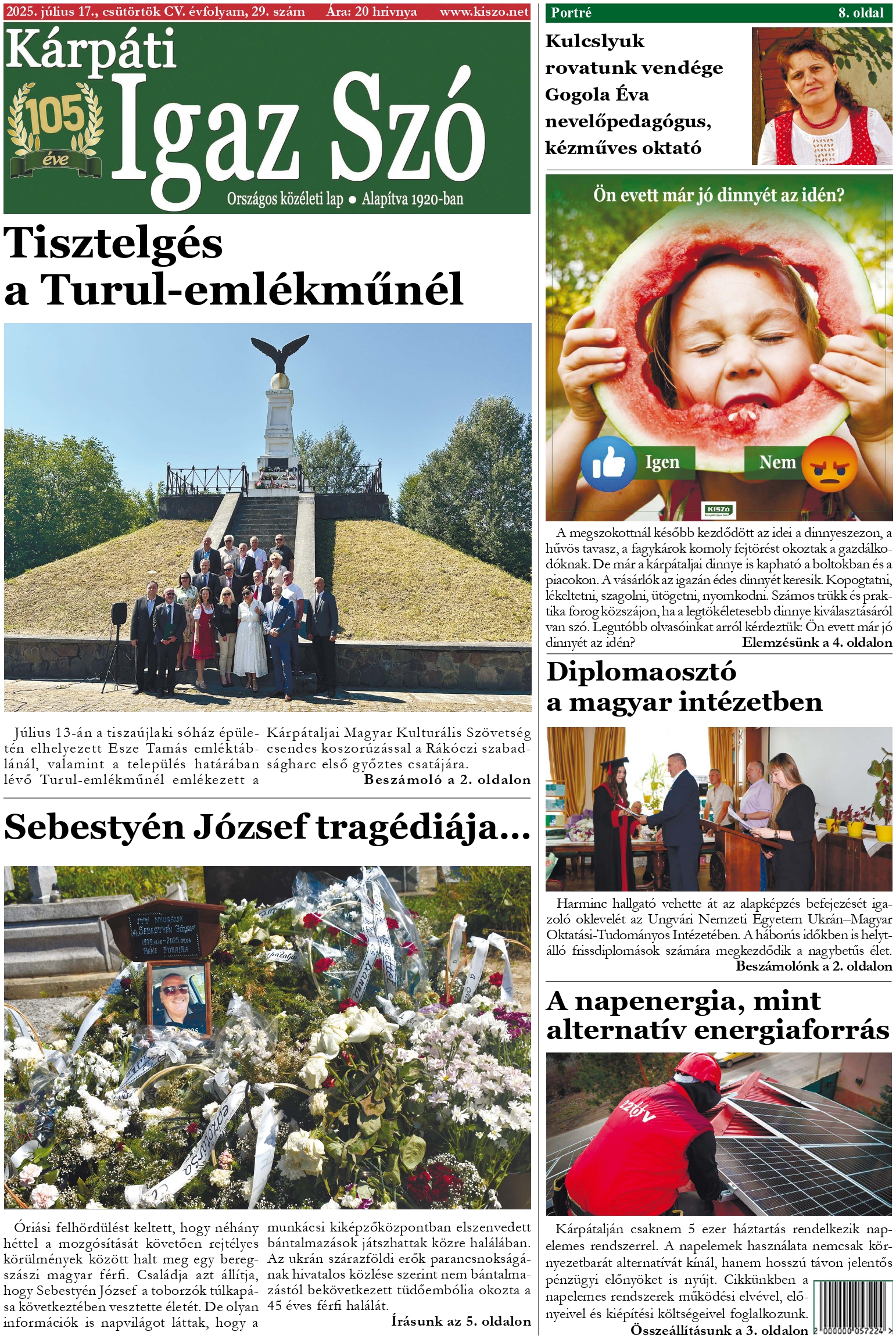 Kárpáti Igaz Szó újság címlapja 2025. július 3.