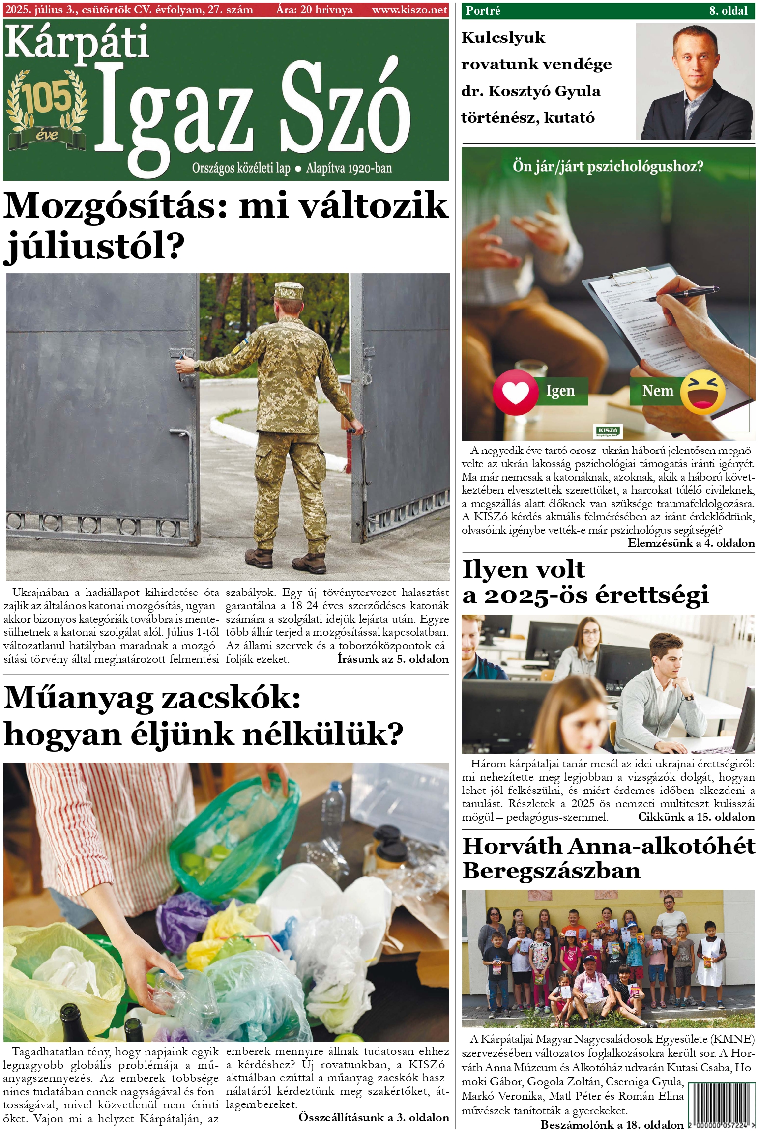 Kárpáti Igaz Szó újság címlapja 2025. július 3.